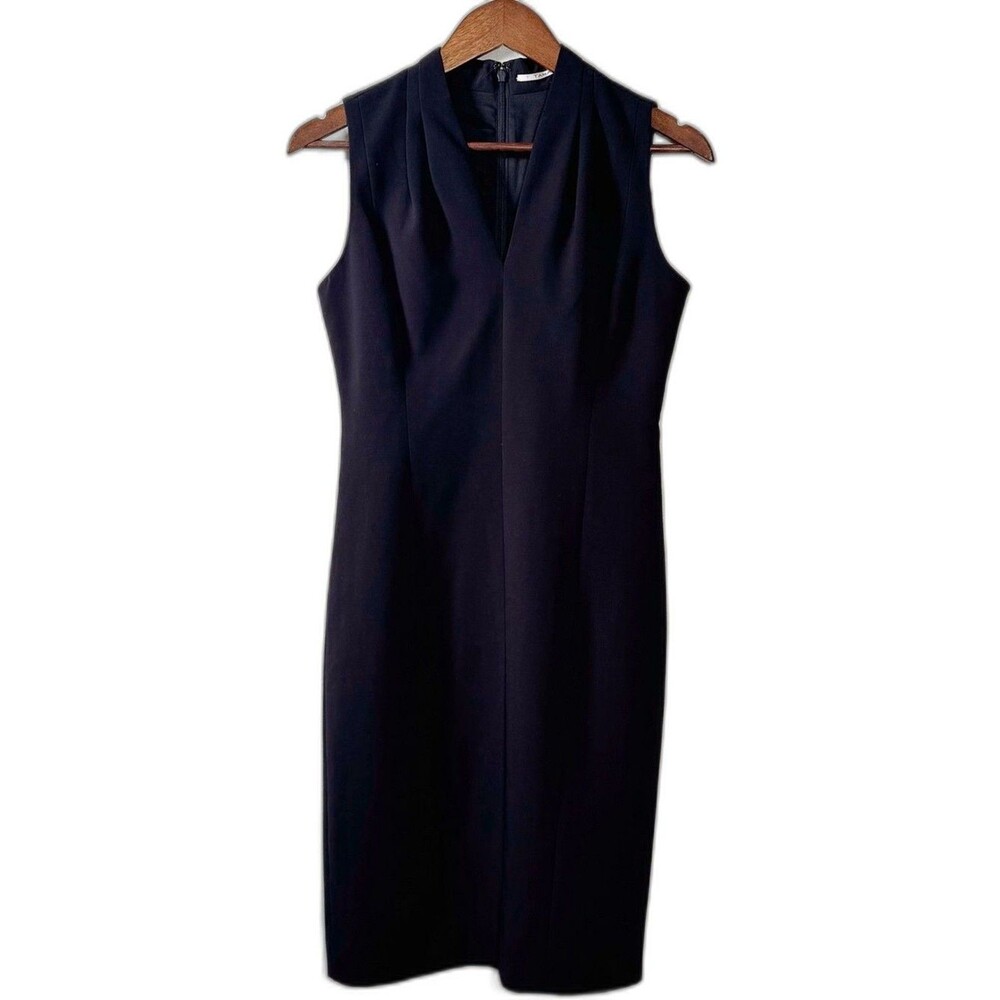 T Tahari Tonya Pleated Sleeveless V Neck Sheath Dress Navy Blue Size 2